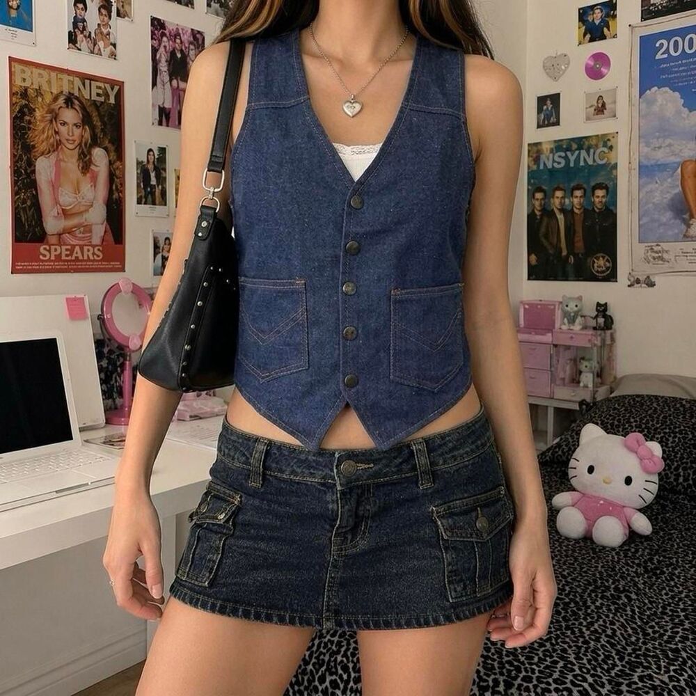 Vintage 60s 70s Dark Wash Denim Vest Size 34 Cotton Western Boho Contrast Stitch
